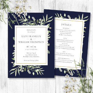Invitation Mariage Tout Compris Cadre Or Bleu Marine Verdure
