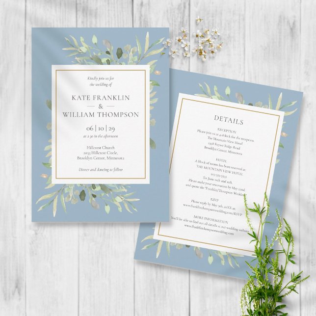 Invitation Mariage Tout Compris Cadre Or Vert Bleu Poussière (Créateur téléchargé)