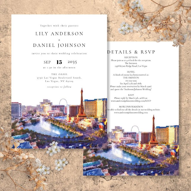 Invitation Mariage tout compris de la vue panoramique de Las  (Las Vegas Skyline Watercolor All In One Wedding Invitation)