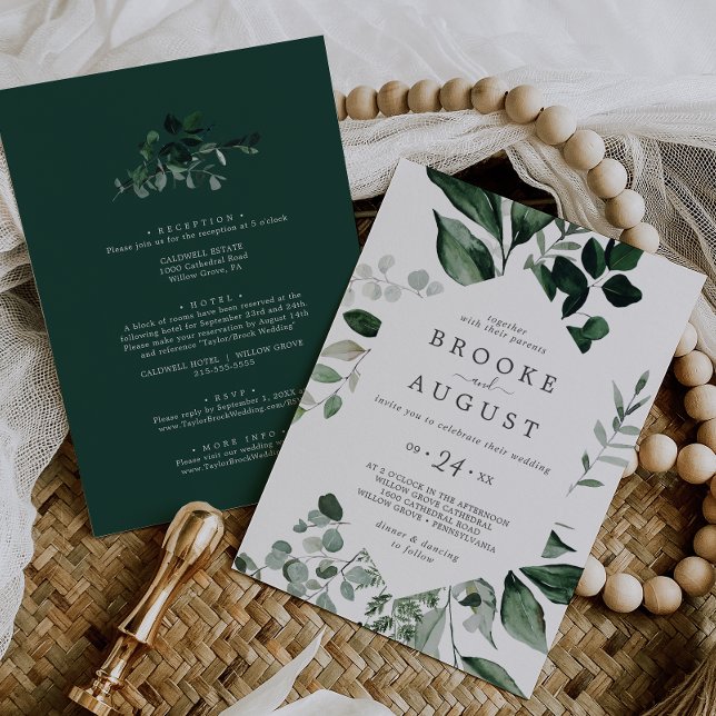 Invitation Mariage Tout Compris de Verdure Émeraude (Emerald Greenery All In One Wedding Invitation)