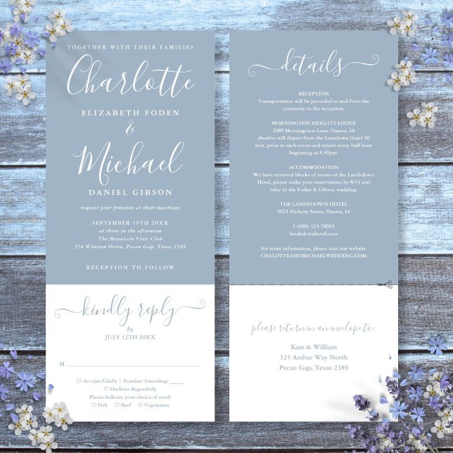 Invitation Mariage Tout Compris Écriture Élégante Bleu Poussi (Dusty Blue Elegant Script All In One Wedding Invitation)