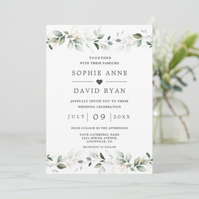 Invitation Mariage Tout Compris Feuilles De Luxe Végétal Doré (Debout devant)