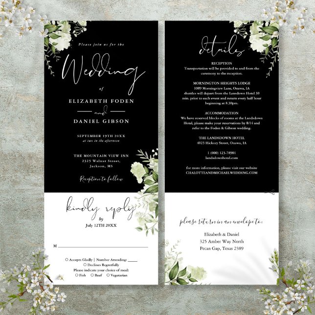 Invitation Mariage Tout Compris Floral Botanique Noir Blanc (Black White Botanical Floral All In One Wedding Invitation)
