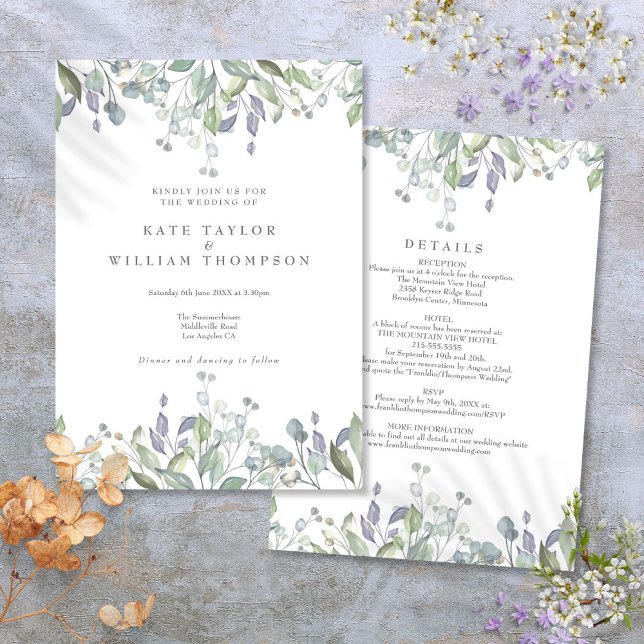 Invitation Mariage Tout Compris Floral Sage Lilas Verdure (Floral Sage Lilac Greenery All In One Wedding Invitation)