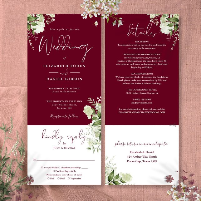 Invitation Mariage tout compris floral verdure de Bourgogne  (Burgundy greenery Floral All In One Wedding Invitation)
