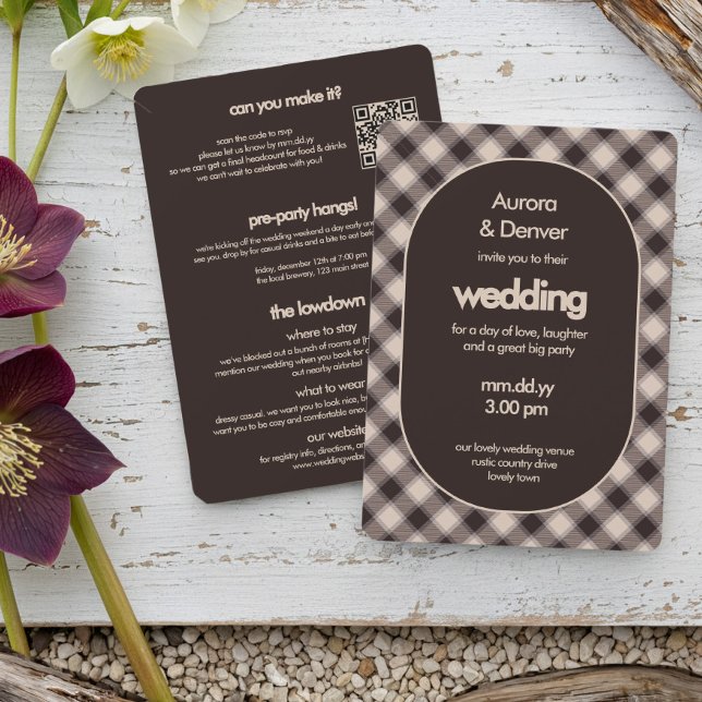 Invitation Mariage Tout Compris Marron Décontracté à Carreaux (All in One Wedding Invitation from the Casual Brown Plaid wedding collection by Darling & May)