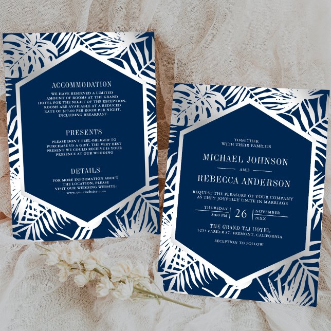 Invitation Mariage Tout Compris Tropical Palm Bleu Nuit Argen (Créateur téléchargé)