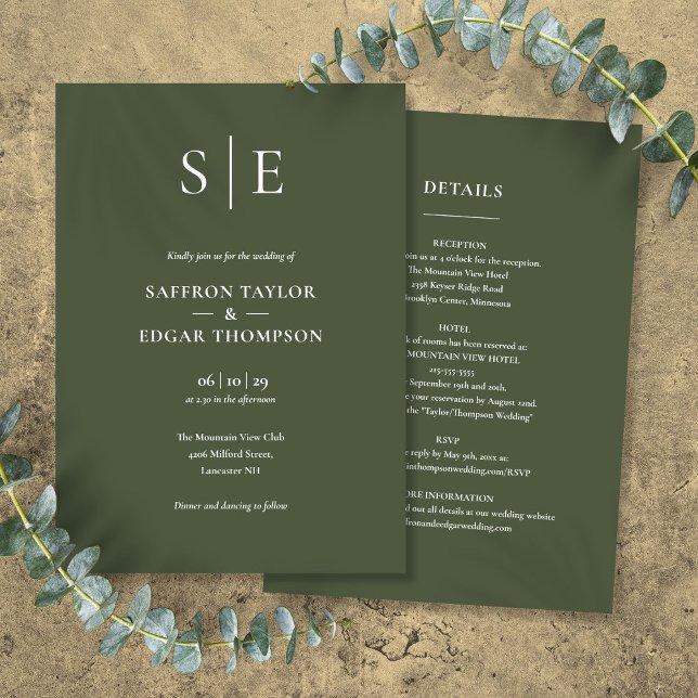 Invitation Mariage tout compris vert olive Monogramme (Monogram Olive Green All In One Wedding Invitation)