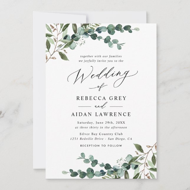 Invitation Mariage tout-en-un au eucalyptus rustique (Devant)