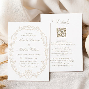Invitation Mariage Tout en Un avec Cadre Floral Orné de Sable