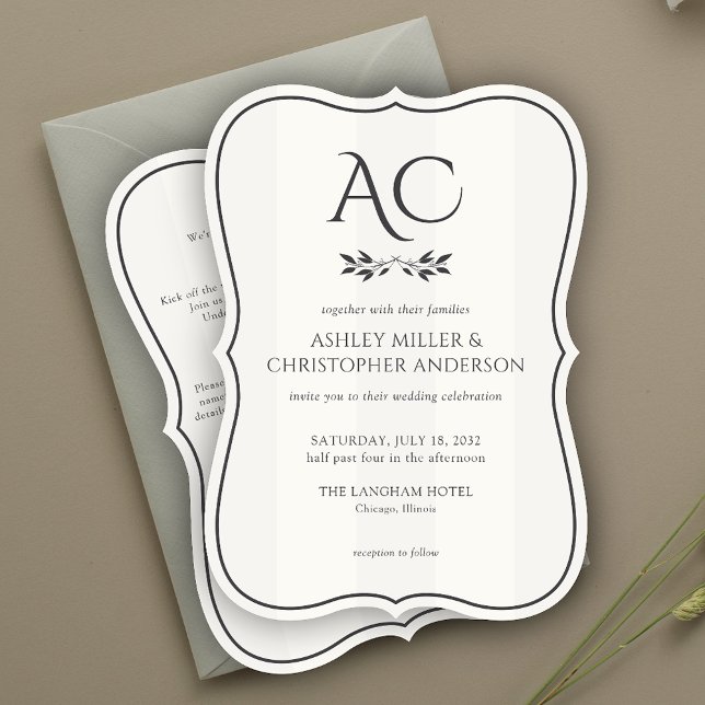 Invitation Mariage tout-en-un blanc à rayures monogrammes min (Créateur téléchargé)