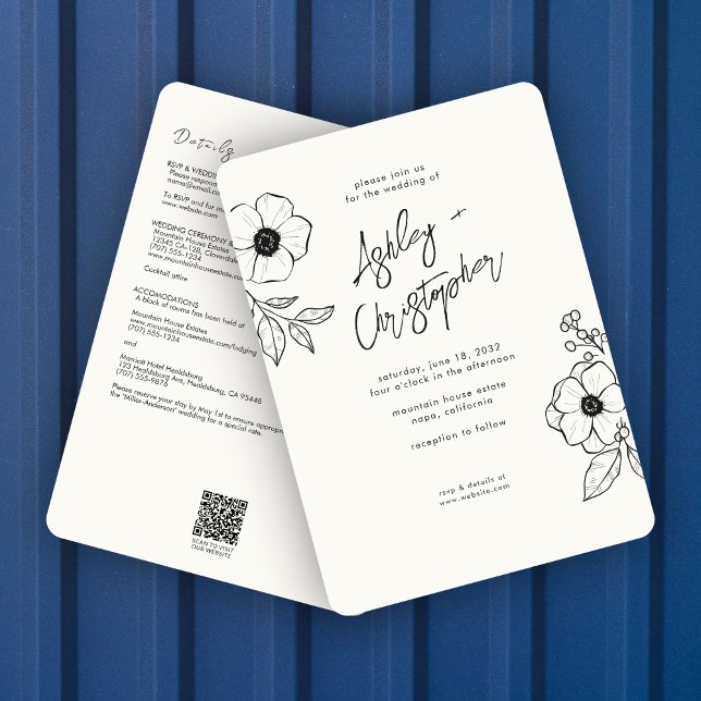 Invitation Mariage tout-en-un blanc végétal végétal minimal (Créateur téléchargé)