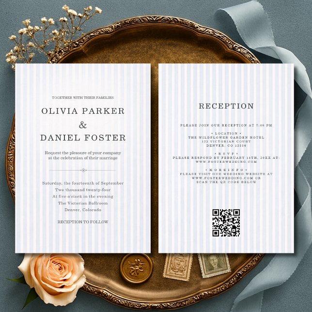 Invitation Mariage tout en un bleu et blanc rayé (Créateur téléchargé)
