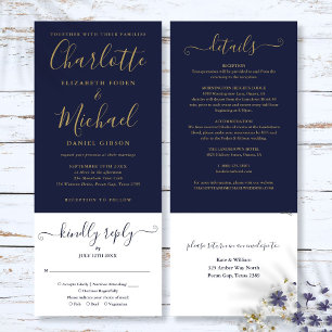 Invitation Mariage Tout En Un Bleu Marine Et Or