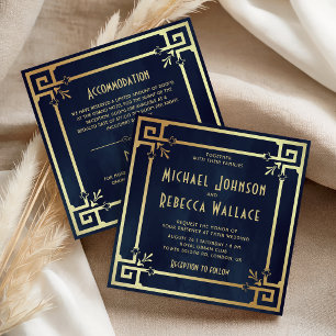Invitation Mariage Tout en Un Bleu Nuit Or Art Déco