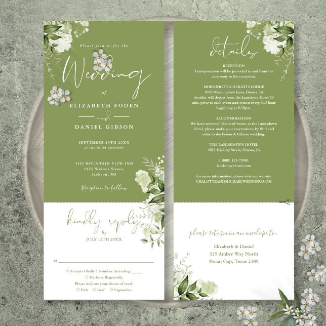 Invitation Mariage Tout En Un Botanique Vert Mousseux (Moss Green Botanical Greenery All In One Wedding Invitation)