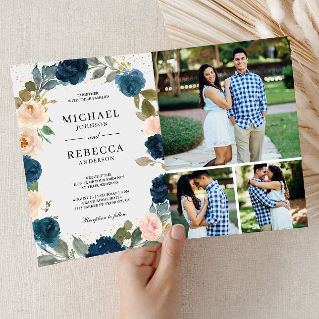 Invitation Mariage tout en un code QR floral bleu marine et p (Créateur téléchargé)
