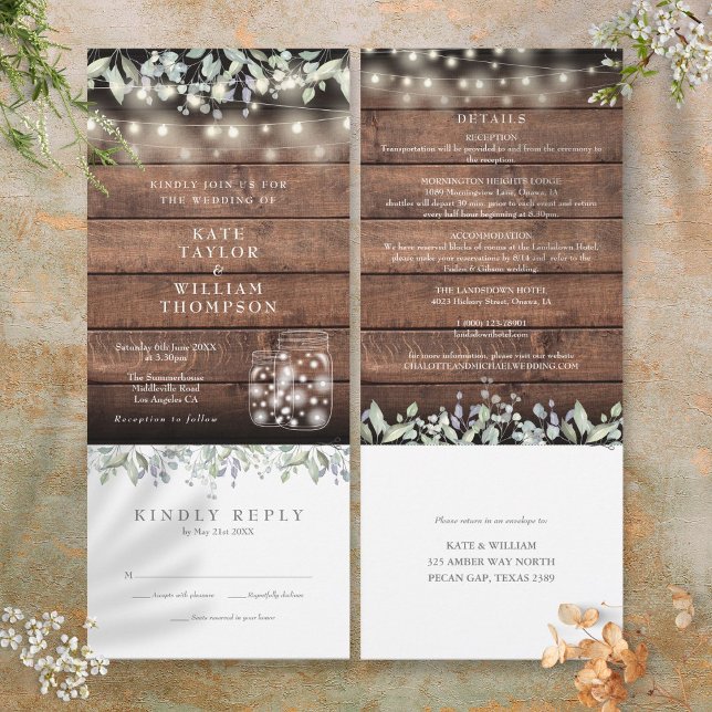 Invitation Mariage Tout En Un Dans Des Pots Mason Avec Feuill (Rustic Foliage Mason Jars All In One Wedding Invitation)