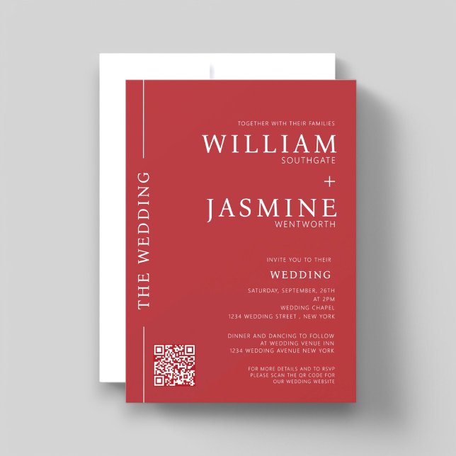 Invitation Mariage tout-en-un de code QR minimal moderne (modern minimalist red and white wedding invitation with wedding website qr code link , minimal bride)