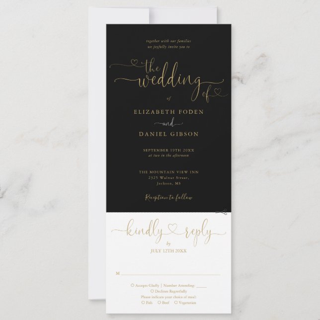 Invitation Mariage Tout En Un Écriture De Coeur Noir Et Or (Devant)