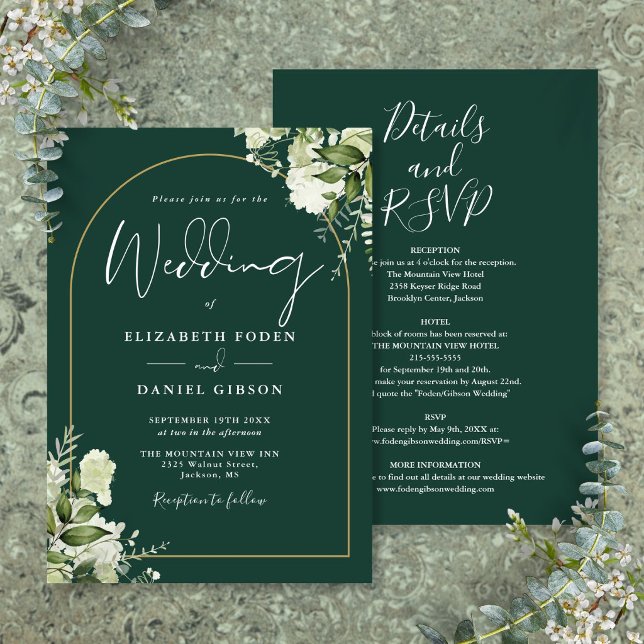 Invitation Mariage Tout En Un Émeraude Verdure Or Arche (All In One Emerald Greenery Gold Arch Wedding Invitation)