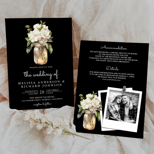 Invitation Mariage tout-en-un en pot Mason Magnolia blanc (Créateur téléchargé)