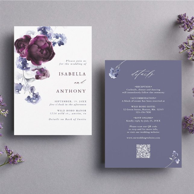 Invitation Mariage Tout En Un Fleur Plum Pourpre & Indigo (Front & Back)