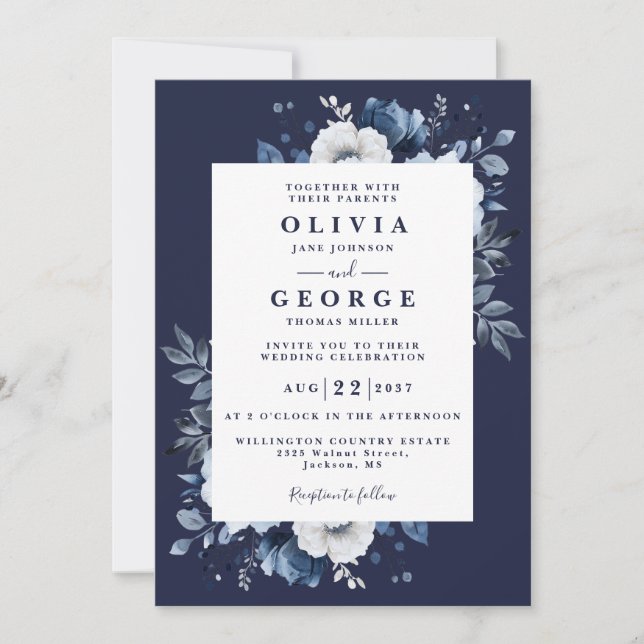 Invitation Mariage Tout En Un Fleur Rustique Bleu Marine (Devant)