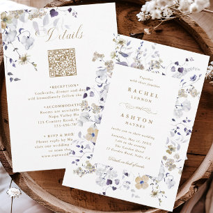 Invitation Mariage tout en un Fleurs Or Blanc Violet 