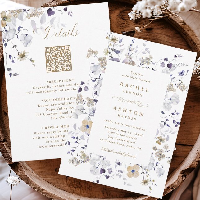 Invitation Mariage tout en un Fleurs Or Blanc Violet  (Front & Back)