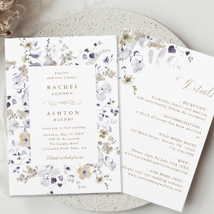 Invitation Mariage Tout en Un Fleurs Or Blanc Violet 