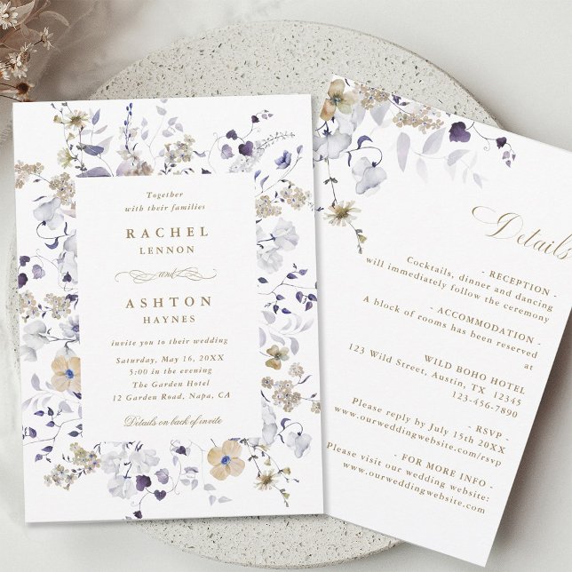 Invitation Mariage Tout en Un Fleurs Or Blanc Violet  (Front & Back)