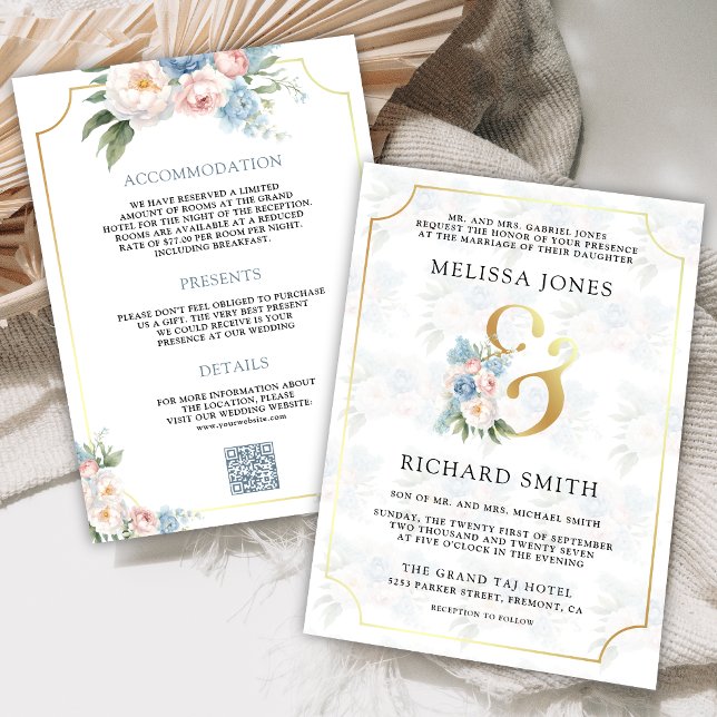 Invitation Mariage Tout en Un Fleurs Rose Bleu Douceur de Rêv (Créateur téléchargé)