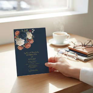 Invitation Mariage tout-en-un floral botanique Navy