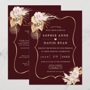 Invitation Mariage Tout En Un Floral Bourgogne Profond Doré A