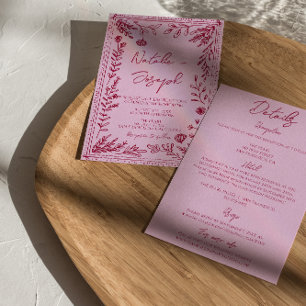 Invitation Mariage Tout En Un Floral Dessiné Framboise Rose
