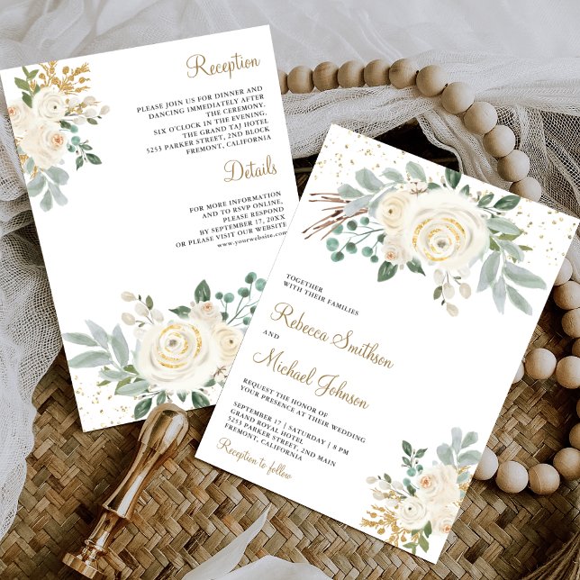 Invitation Mariage Tout en Un Floral Ivoire Or Rustique (Créateur téléchargé)