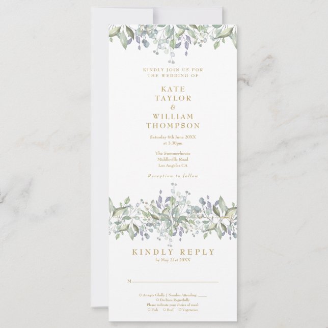 Invitation Mariage Tout En Un Floral Vert Doré (Devant)