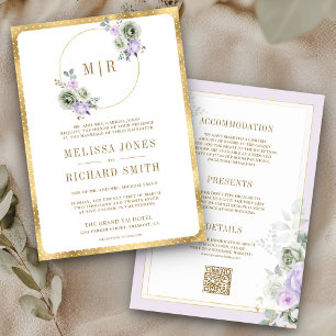 Invitation Mariage Tout en Un Floral Vert Sauge Violet Pastel