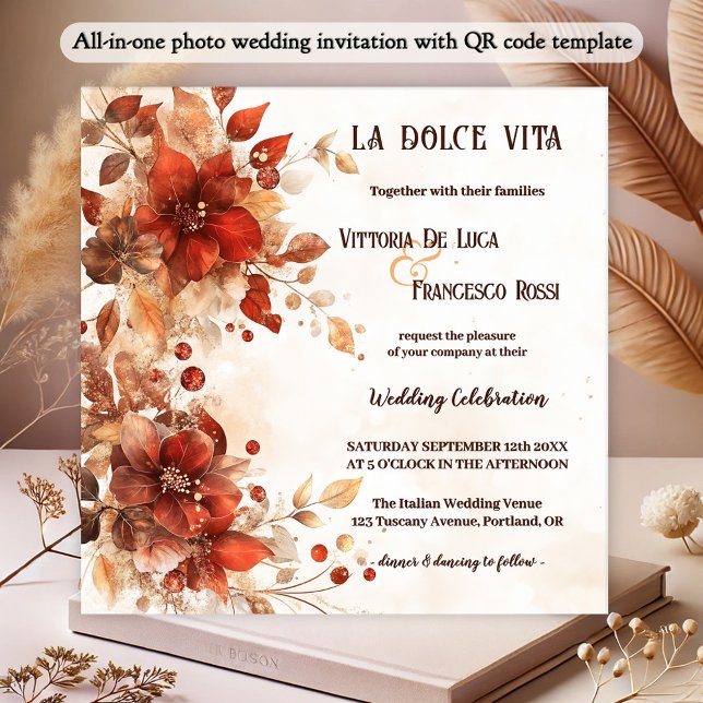 Invitation Mariage tout-en-un italien de fleurs rouges (All-in-one wedding invitation featuring watercolor flowers in Italian red and vibrant orange)