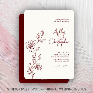 Invitation Mariage tout-en-un moderne Red Foliage Outline