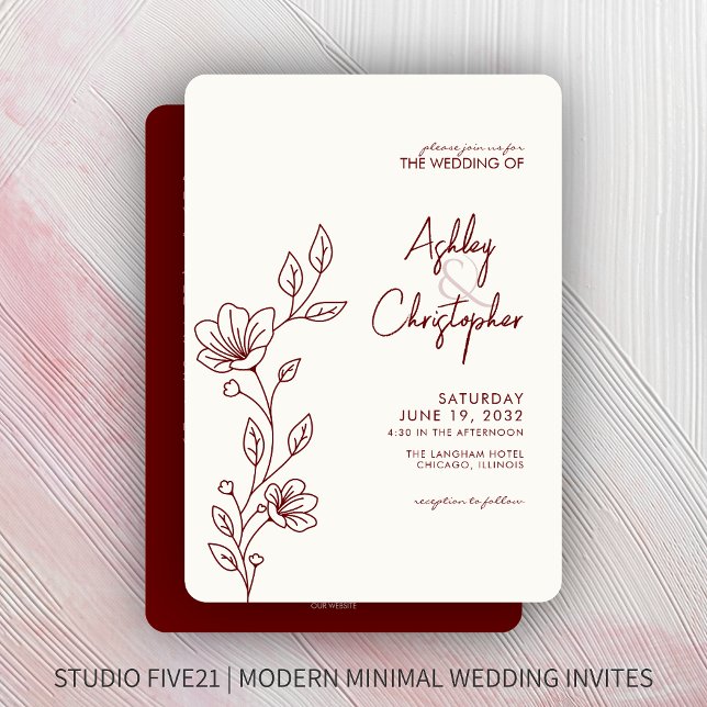Invitation Mariage tout-en-un moderne Red Foliage Outline (Créateur téléchargé)