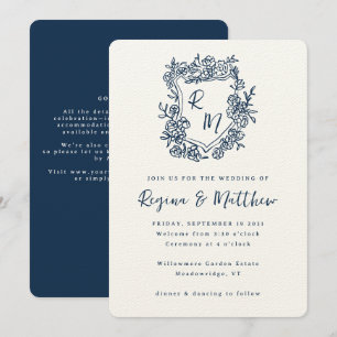 Invitation Mariage tout-en-un Monogramme bleu crête