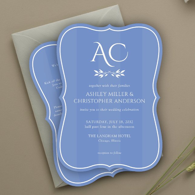 Invitation Mariage tout-en-un monogramme bleu rayé minimal (Créateur téléchargé)