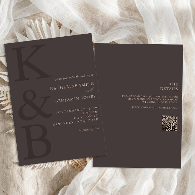 Invitation Mariage Tout en Un Monogramme Brun Moderne (Créateur téléchargé)