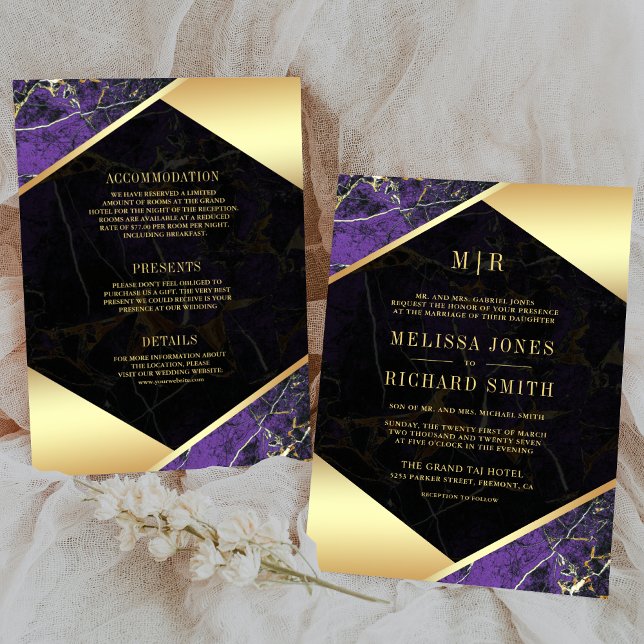 Invitation Mariage Tout en Un Monogramme de Marbre Or Pourpre (Créateur téléchargé)