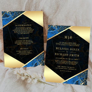 Invitation Mariage Tout en Un Monogramme Marbre Or Bleu Royal