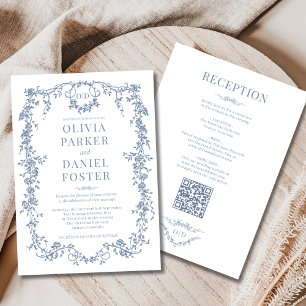 Invitation Mariage Tout en Un Monogramme Victorien Bleu Pouss