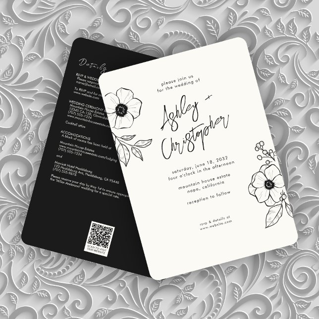 Invitation Mariage tout-en-un noir floral minimal (Créateur téléchargé)
