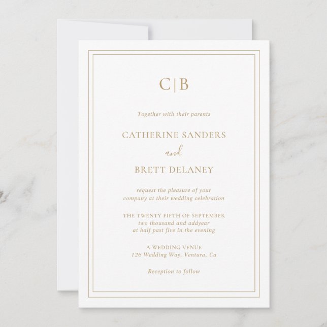 Invitation Mariage Tout En Un Or Traditionnel Monogramme (Devant)